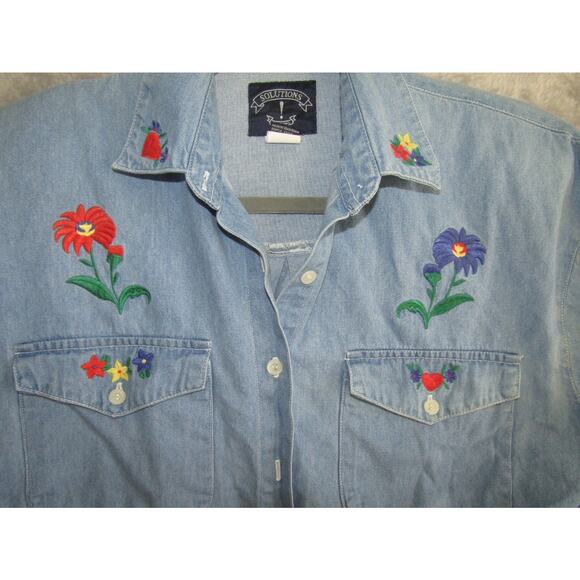 Solutions Denim Shirt Women M Embroidered Floral Western Button Up Chambray - Picture 2 of 7